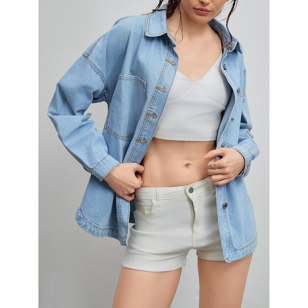 Women Denim Shacket Light Blue Oversized Button Long Sleeve Casual Jacket - Picture 4 of 7